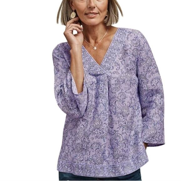 J. Jill Love Linen Purple Paisley Boho Popover Blouse Border Print Boxy Sz Med - Picture 1 of 7